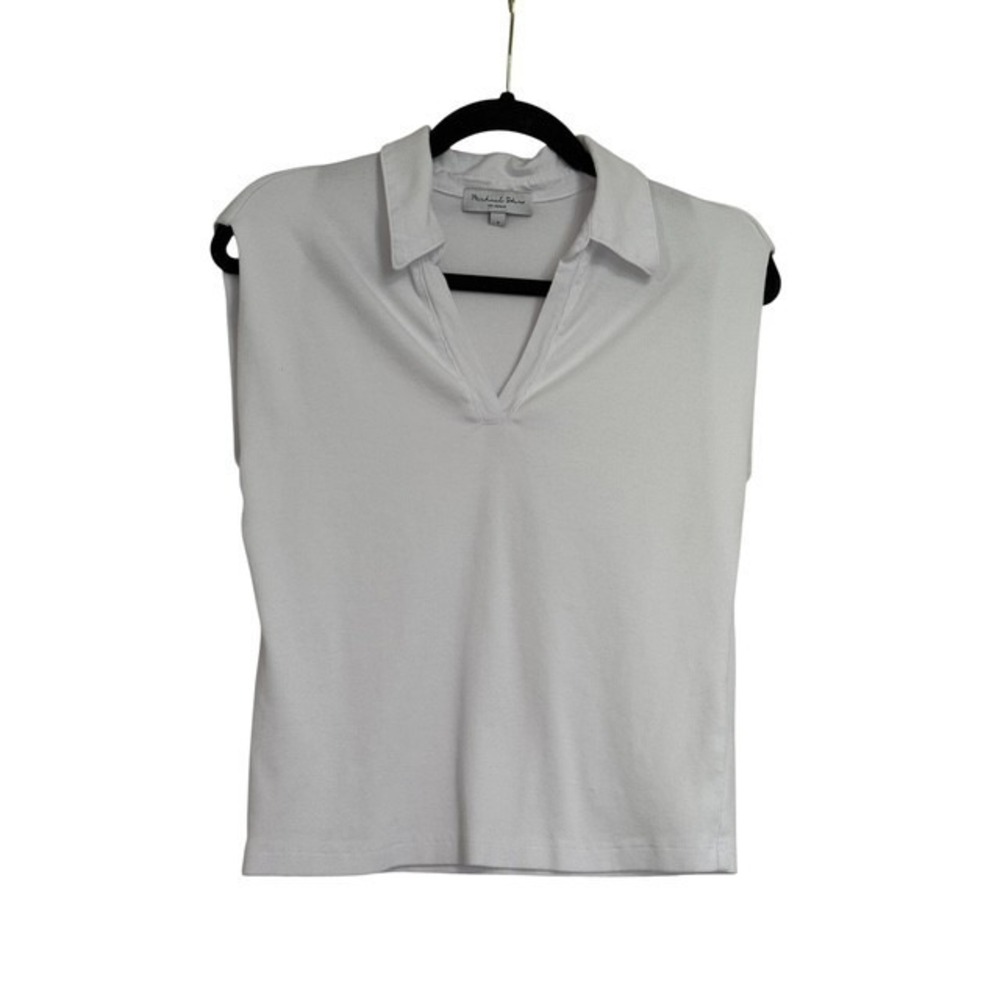 Michael Stars White Ribbed Sleeveless Polo Top V Neck Preppy‎ Coastal Size Small